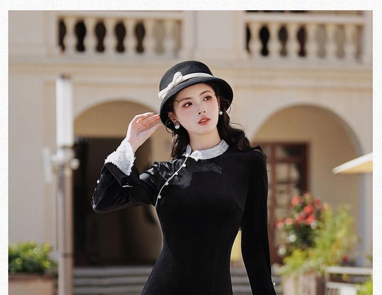 Long Sleeve Stand Collar Plain Lace Trim Midi A-Line Dress Product Image
