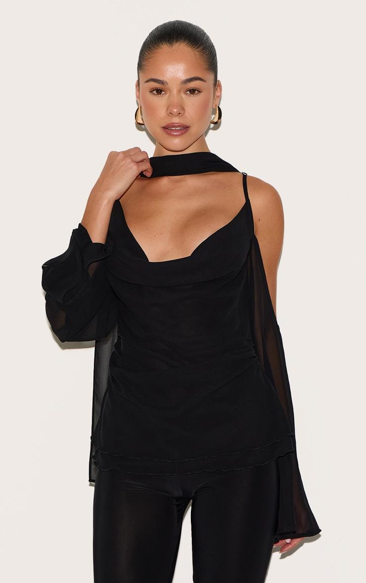 Black Chiffon Drape Scarf Long Top Product Image