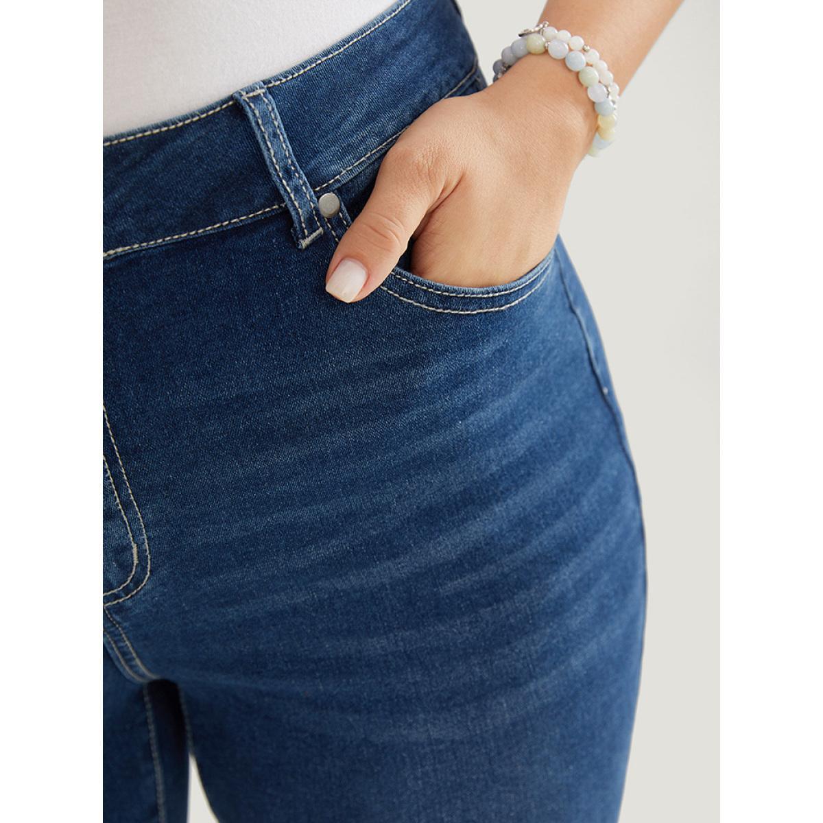 Plus Size Skinny Moderately Stretchy High Rise Dark Wash Jeans Women DarkBlue Casual Plain Medium stretch Jeans BloomChic 12/L Product Image