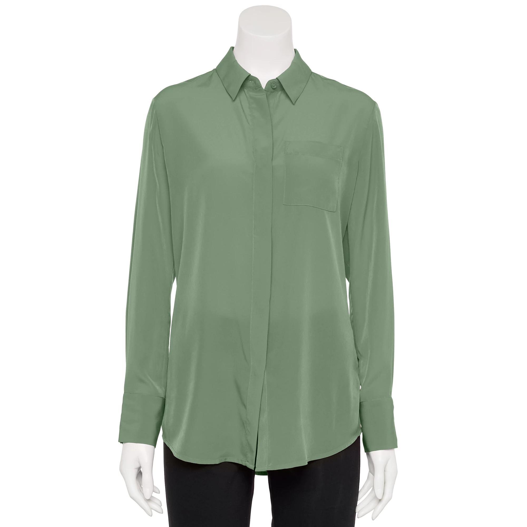 Women's Nine West Adaptive Drapey Satin Magnetic Closure Long Sleeve Shirt, Size: Small, Mineral Black Product Image
