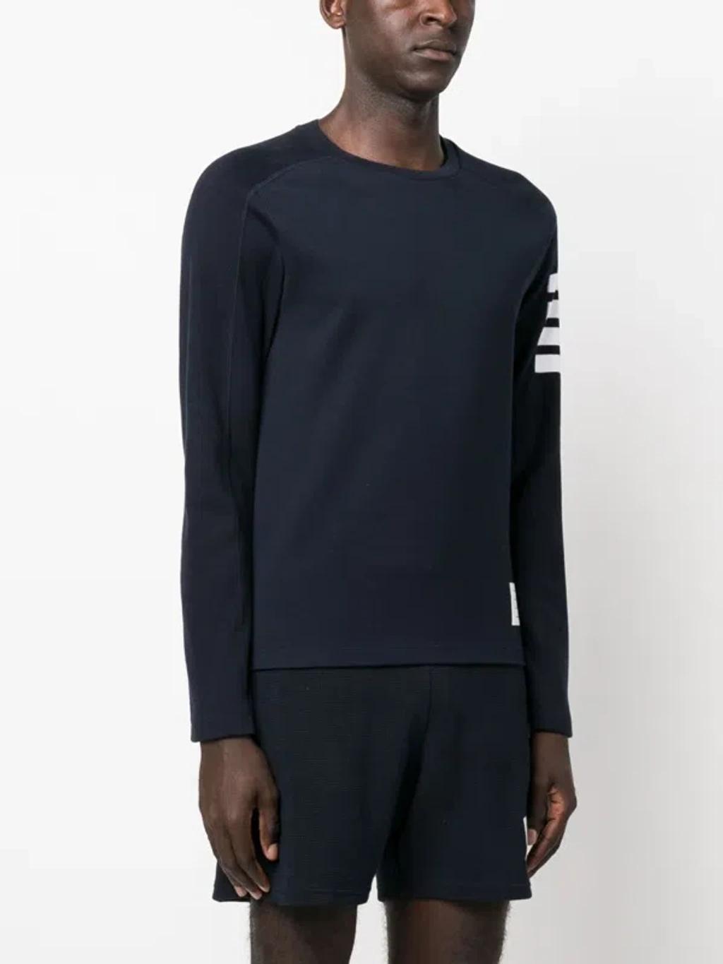 4 Bar Cotton Crewneck Sweater In Blue Product Image
