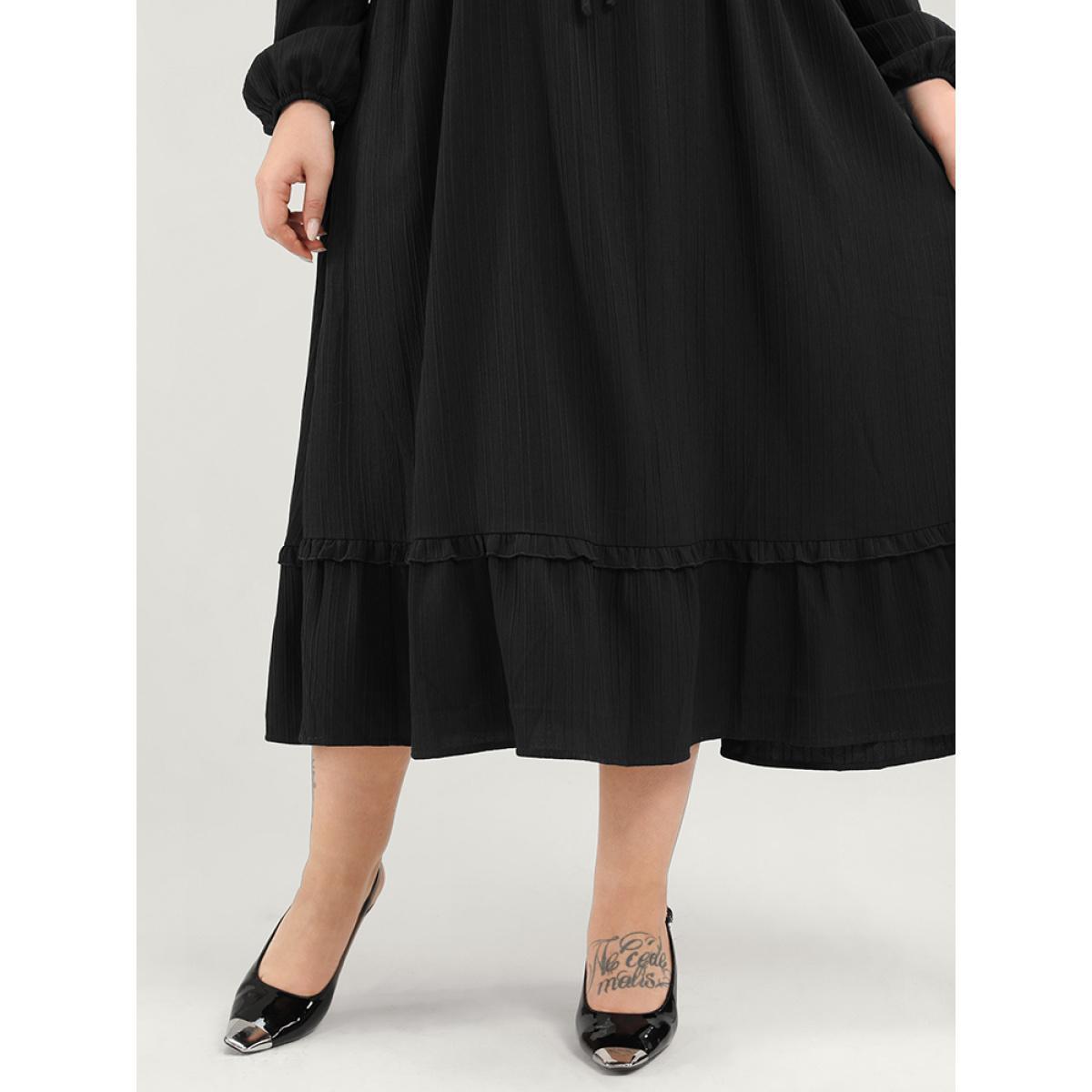 Plus Size Solid Lantern Sleeve Pocket Textured Ties Up Flutter Dress Black Women Office V-neck Long Sleeve Curvy Midi Dress BloomChic 14-16/1X Product Image