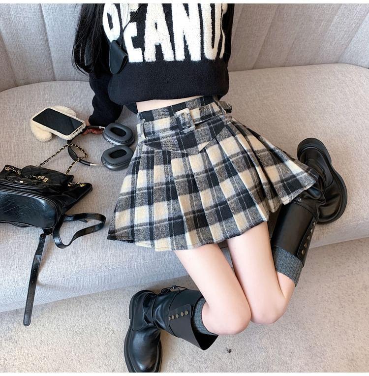 High Rise Plaid Mini Pleated A-Line Skirt Product Image