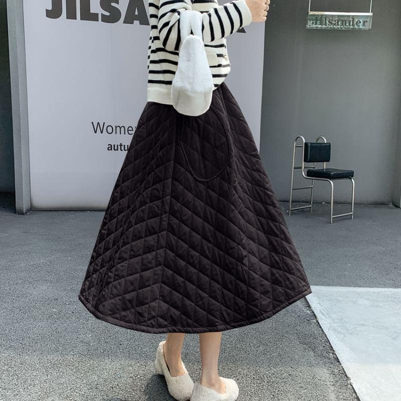 High Rise Plain Quilted Midi A-Line Skirt Product Image
