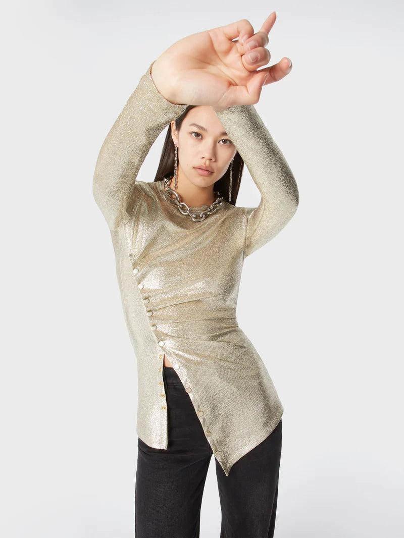 Gold mid-length drapé pression slit skirt Product Image