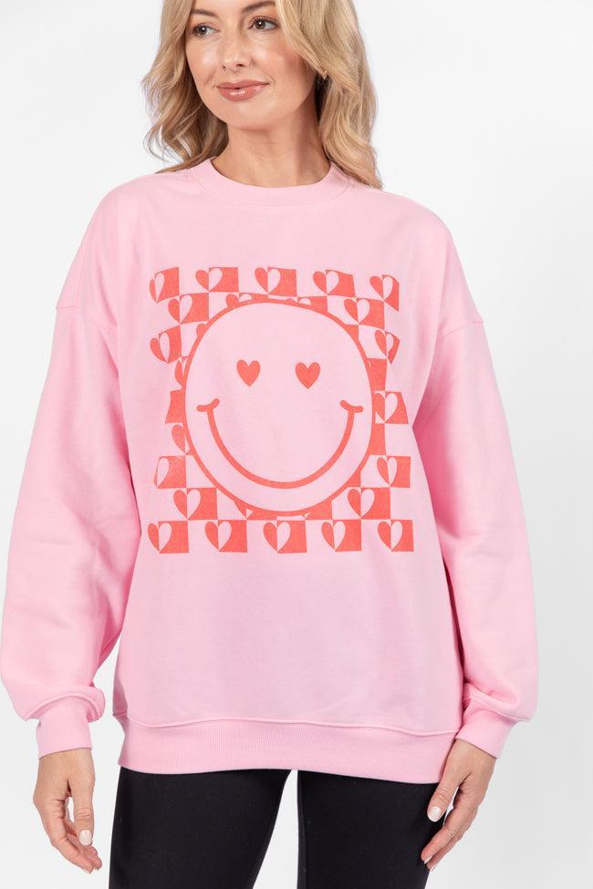 Heart Checkered Smiley Light Pink Graphic Sweatshirt Product Image
