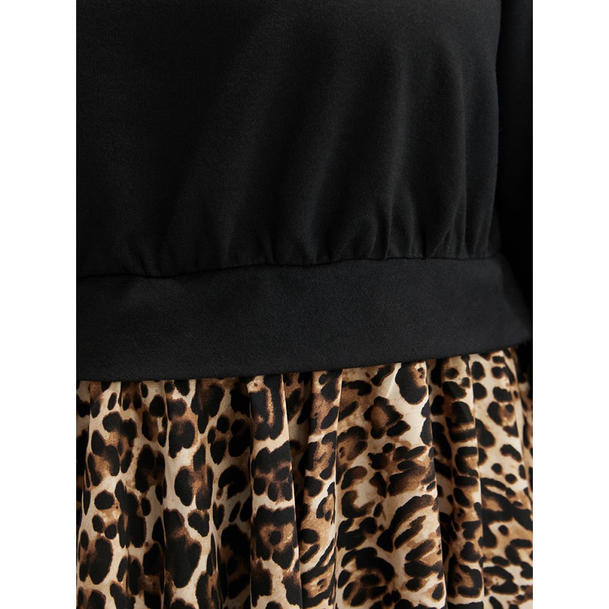 Plus Size Leopard Patchwork Asymmetrical Hem Sweatshirt Women Black Elegant Contrast Round Neck Dailywear Sweatshirts BloomChic 14-16/1X Product Image