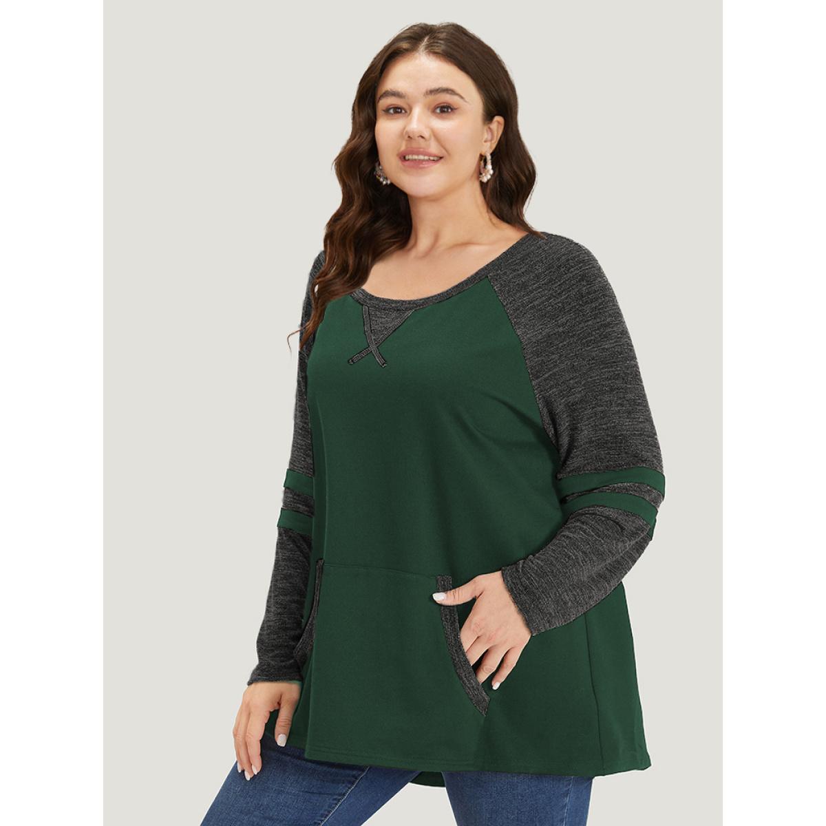 Plus Size Striped Contrast Pocket Raglan Sleeve High Low Hem Sweatshirt Women DarkGreen Casual Contrast Round Neck Everyday Sweatshirts BloomChic 28/5X Product Image