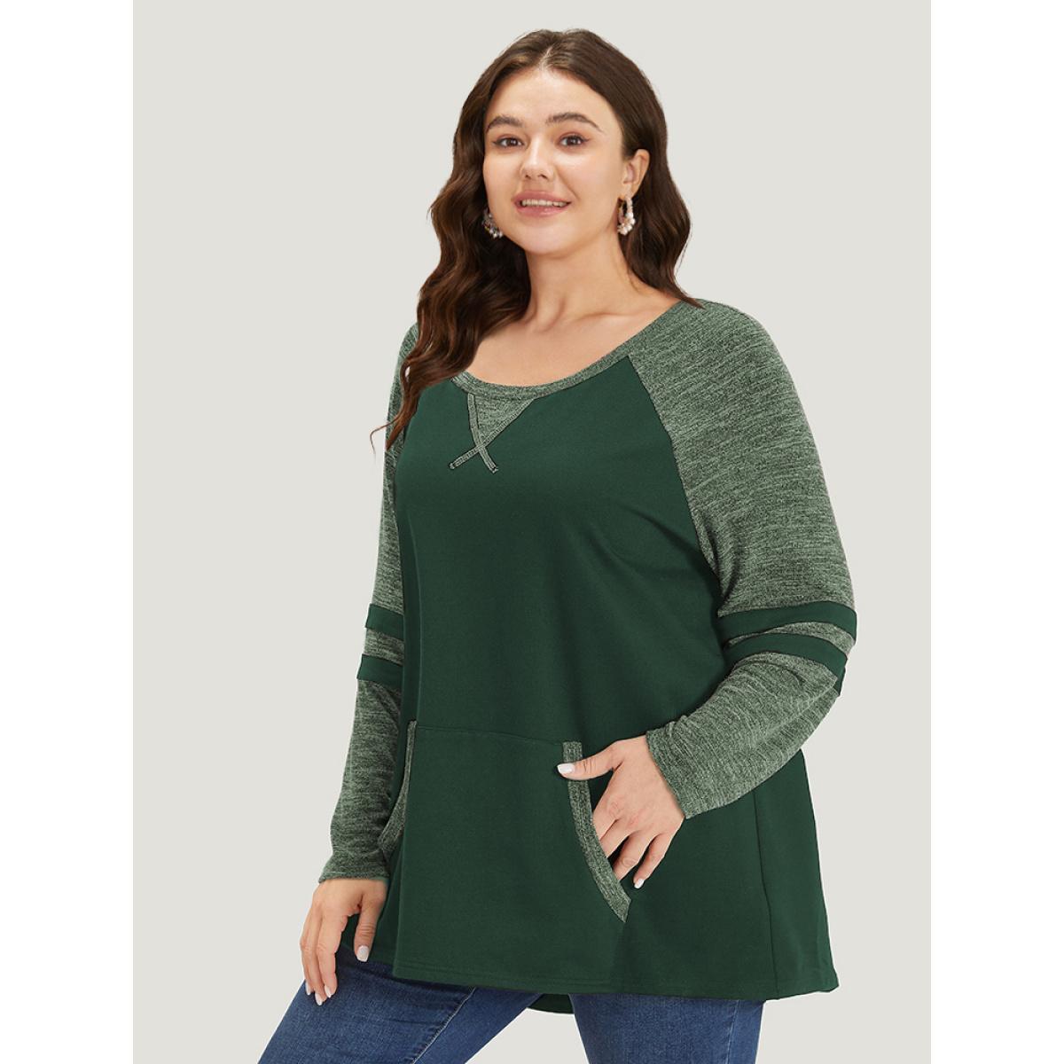 Plus Size Striped Contrast Pocket Raglan Sleeve High Low Hem Sweatshirt Women Indigo Casual Contrast Round Neck Everyday Sweatshirts BloomChic 22-24/3X Product Image