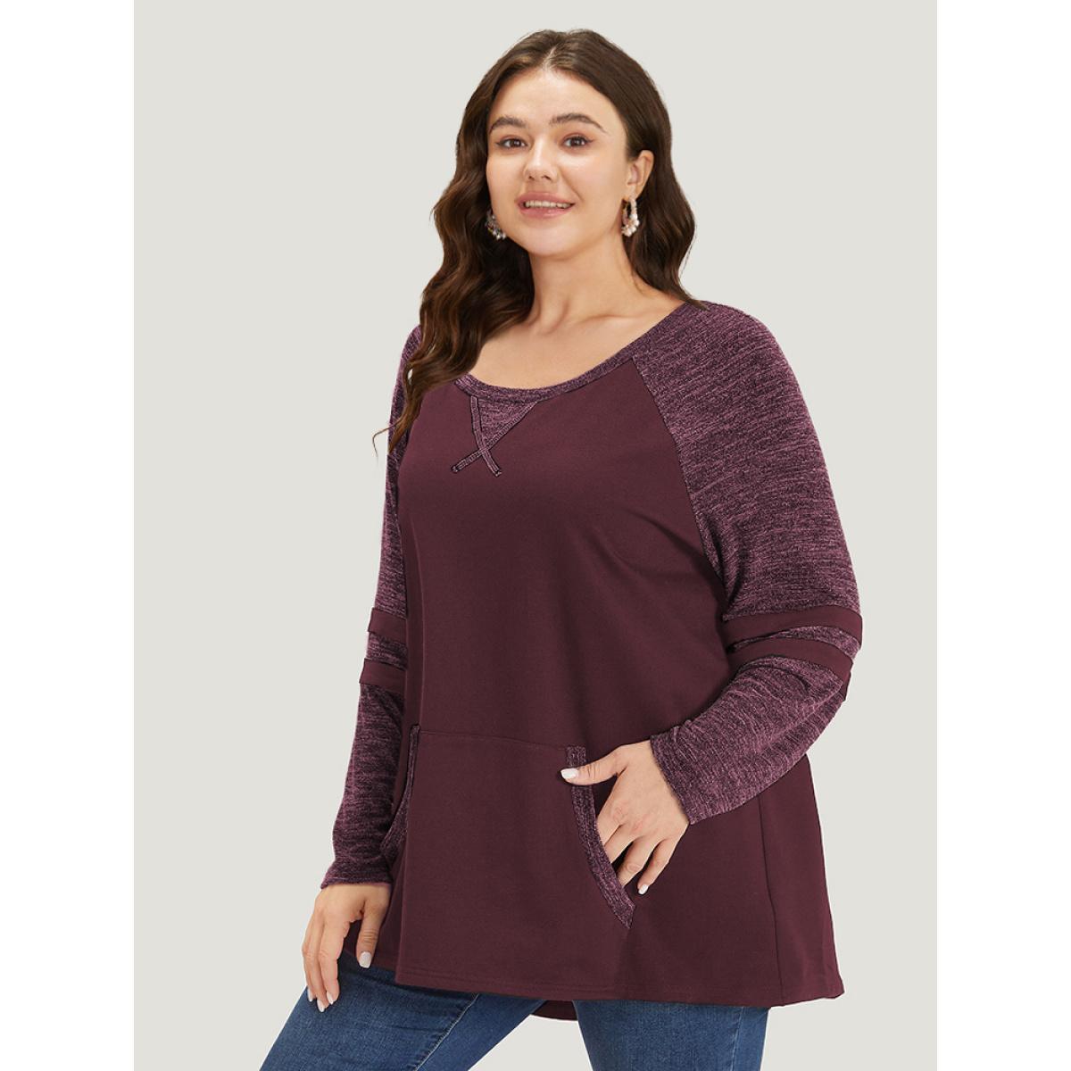 Plus Size Striped Contrast Pocket Raglan Sleeve High Low Hem Sweatshirt Women Burgundy Casual Contrast Round Neck Everyday Sweatshirts BloomChic 30/6X Product Image