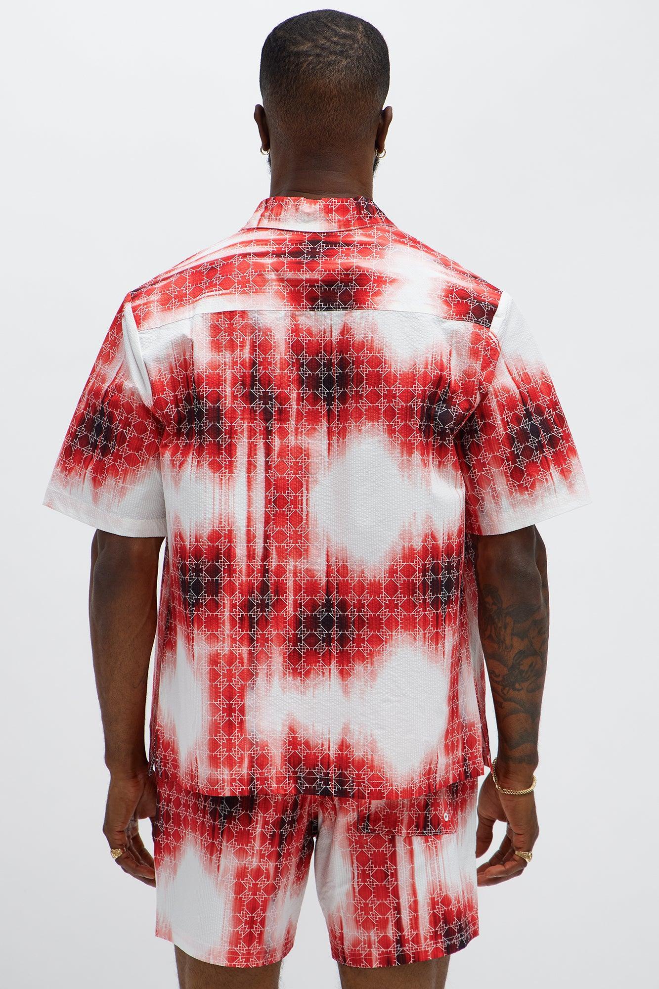 Seersucker Tie Dye Printed Closed Collar Shirt - Red/combo Product Image