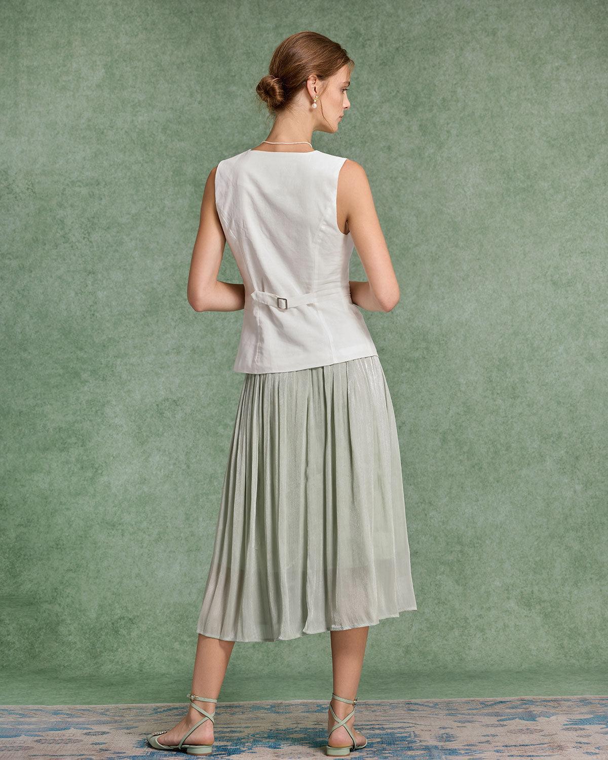 Green Ruched Flowy Pleated Midi Skirt Product Image