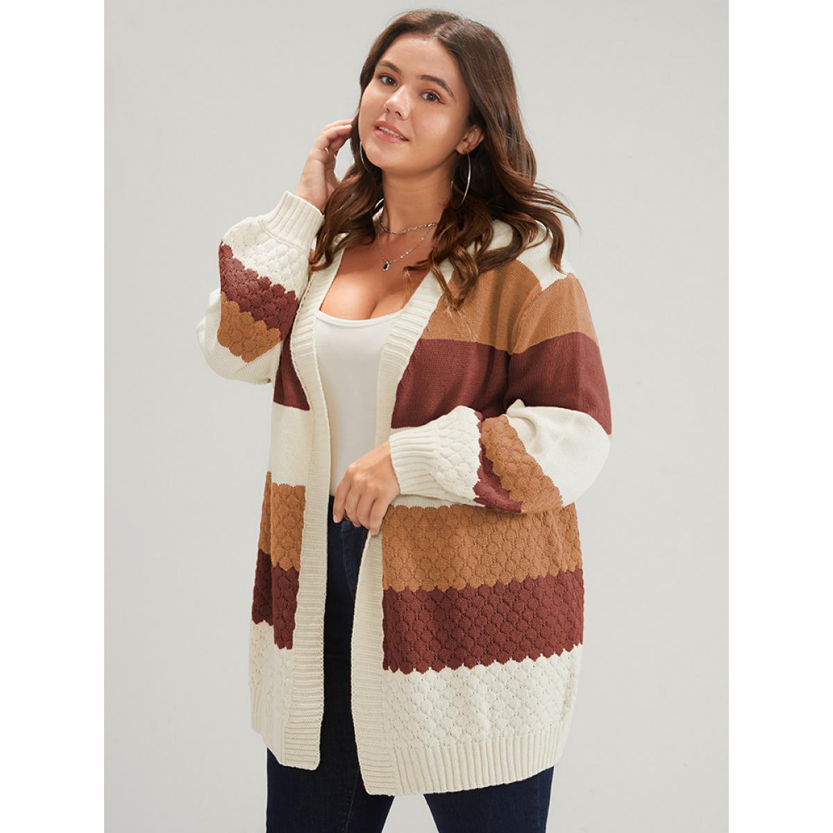 Plus Size Striped Colorblock Contrast Pointelle Knit Jacquard Open Front Cardigan Multicolor Women Casual Loose Long Sleeve Dailywear Cardigans BloomChic 10/M Product Image