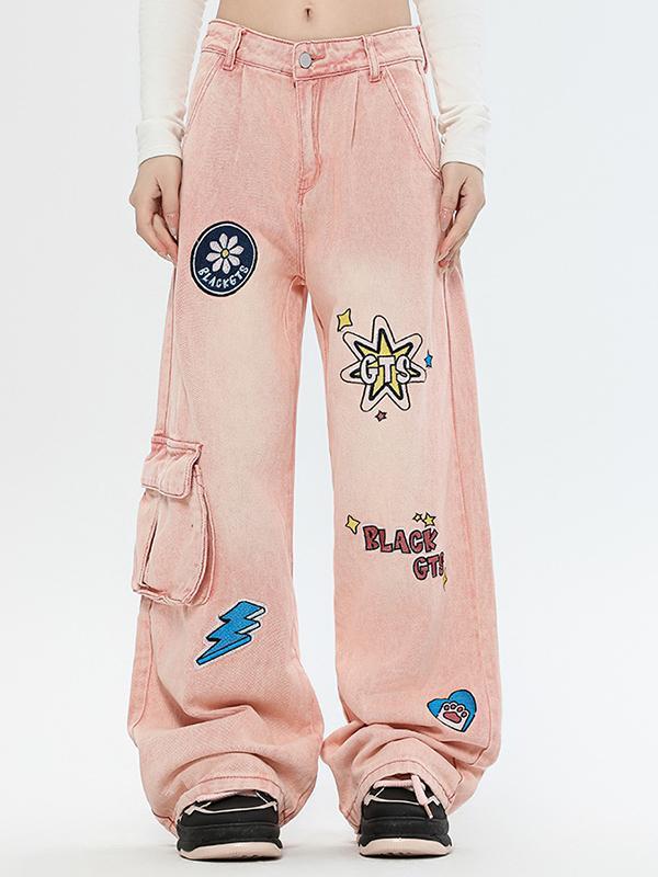Graffiti Print Straight Cargo Jeans Product Image