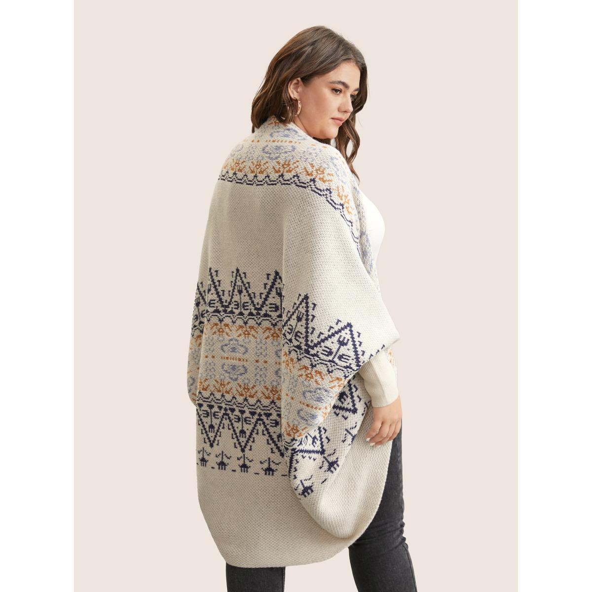 Plus Size Boho Print Dolman Sleeve Jacquard Cardigan Beige Women Casual Loose Long Sleeve Everyday Cardigans BloomChic 26/4X Product Image