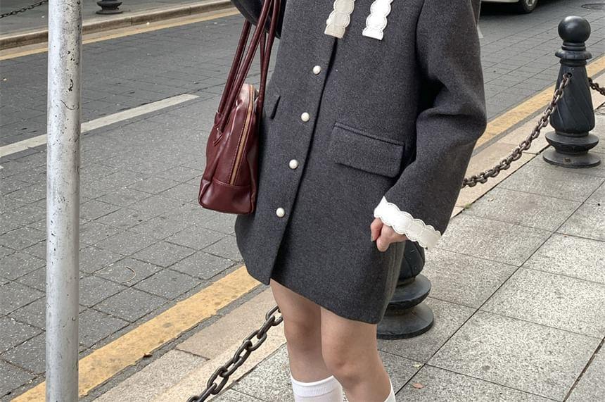 Round Neck Plain Lace Trim Single Breasted Coat Product Image