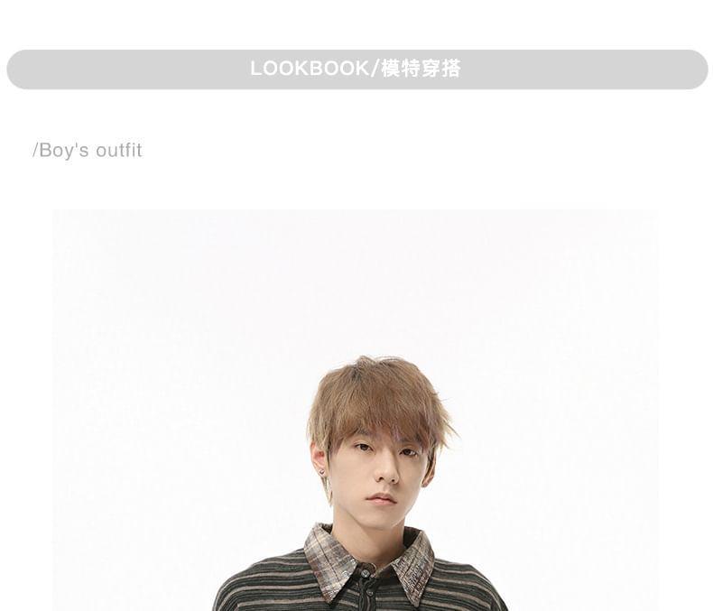 Mock Two-Piece Long-Sleeve Collar Striped Plaid Panel Polo Shirt Product Image