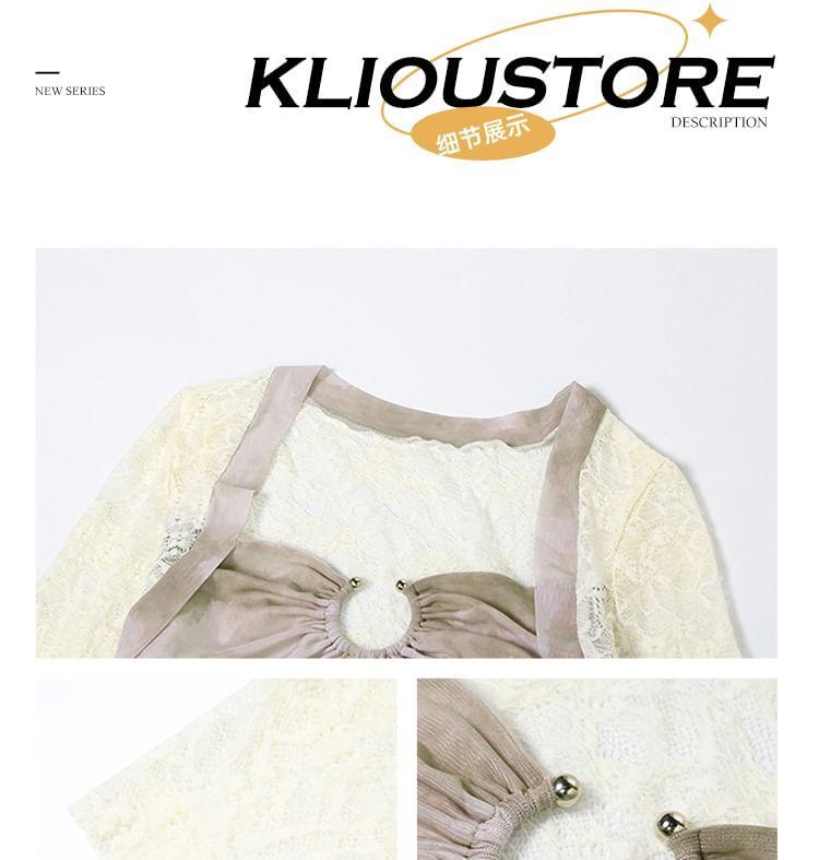 Long-Sleeve Tie Dye Lace Panel Maxi Sheath Dress Product Image