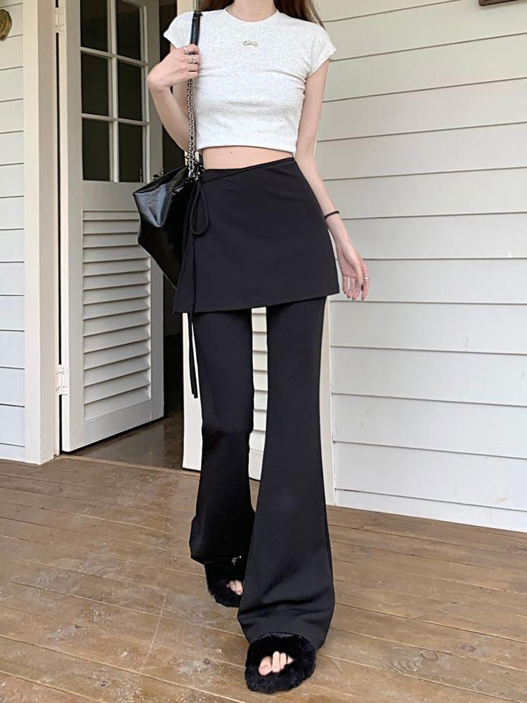 High Rise Plain Mock Two Piece Tie-Up Flared Pants Product Image