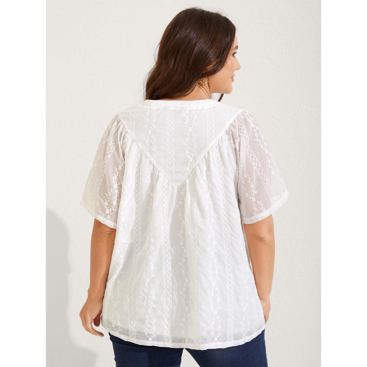 Plus Size Beige Embroidered Notched Collar Sheer Blouse Women Short sleeve Flat collar with V-notch Vacation Blouses BloomChic 22-24/3X Product Image