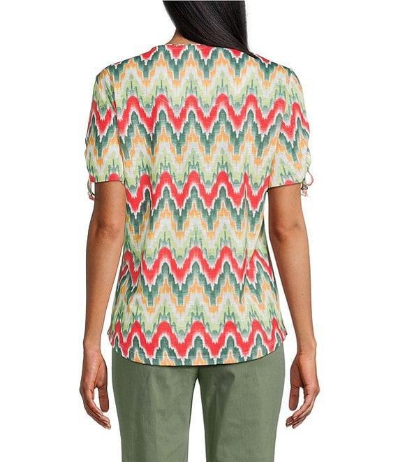 Allison Daley Petite Size Serrated Ikat Print Short Ruched Tie Sleeve Crew Neck Slub Jersey Knit Top Product Image