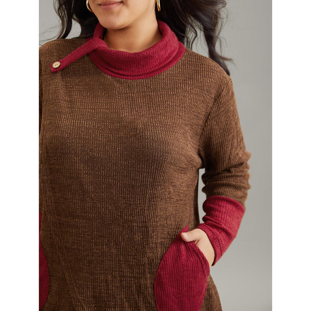 Plus Size Rib Knit Contrast Funnel Neck Patched Pocket Sweatshirt Women DarkBrown Casual Rib Knit Turtleneck Dailywear Sweatshirts BloomChic 18-20/2X Product Image