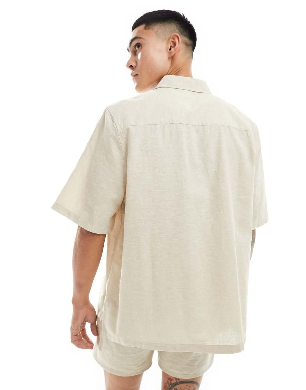 ASOS DESIGN relaxed linen blend shirt with square collar in beige Product Image