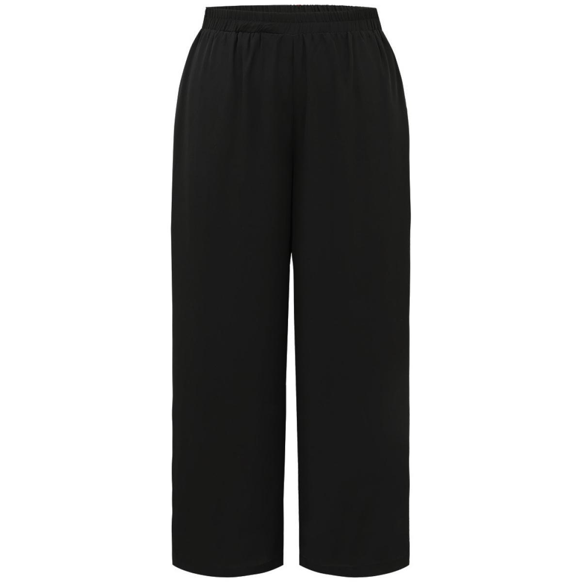 Plus Size Solid Chiffon Elastic Waist Wide Leg Pants Women Black Elegant Wide Leg High Rise Dailywear Pants BloomChic 28/5X Product Image
