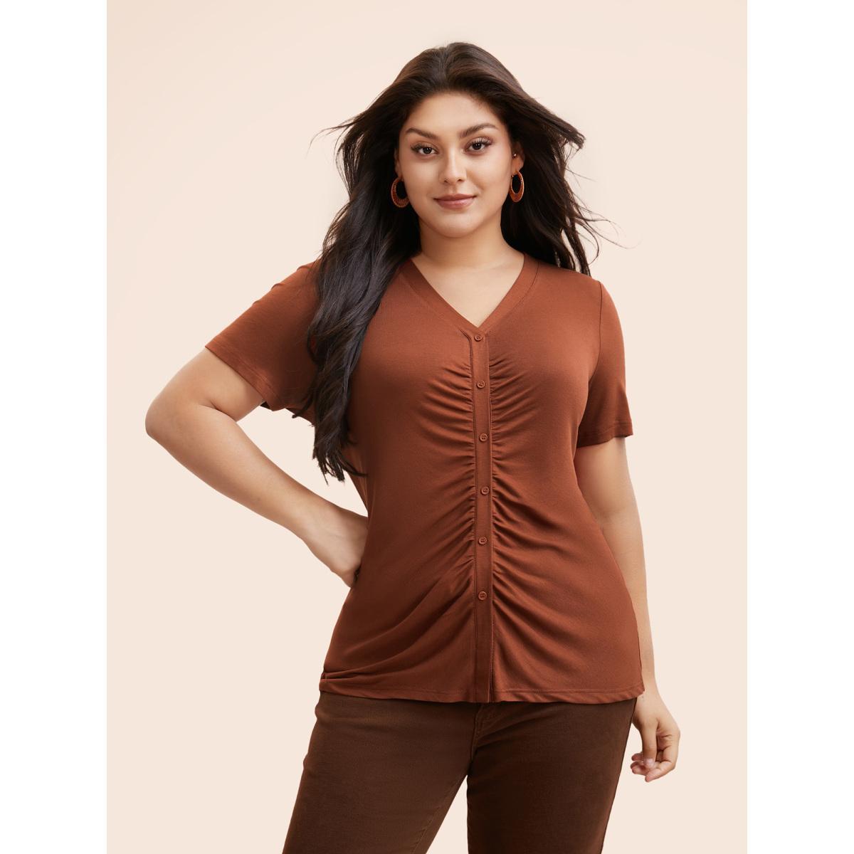 Plus Size V Neck Button Detail Ruched T-shirt Maroon Women Elegant Gathered V-neck Bodycon Everyday T-shirts BloomChic 12/L Product Image