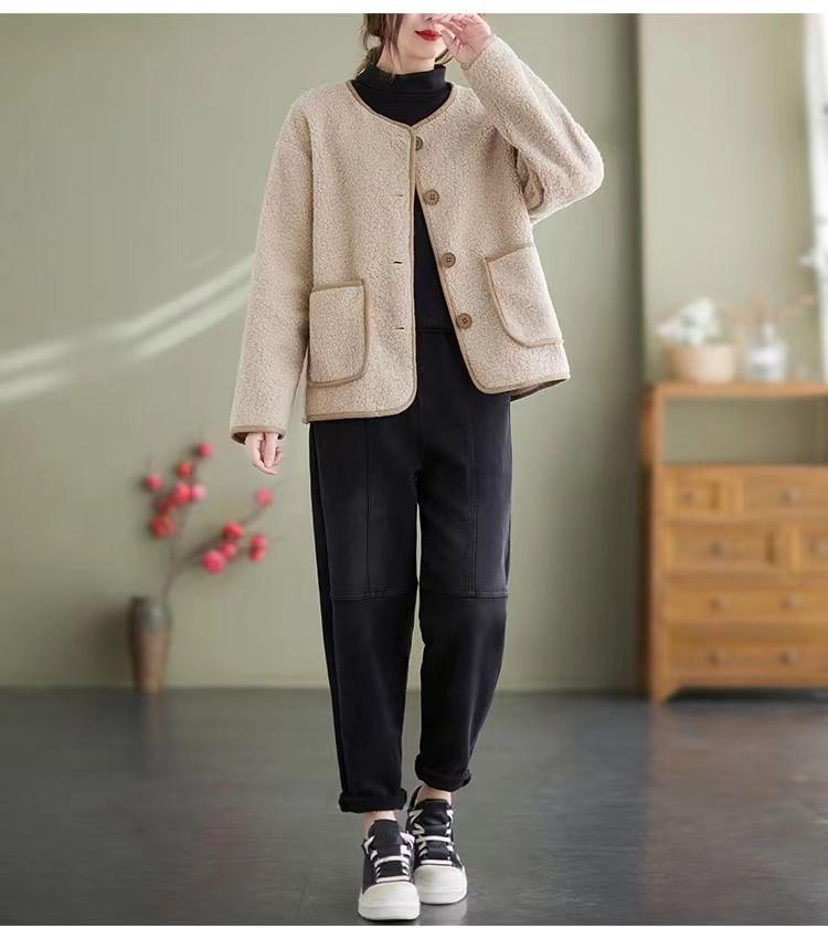 Plain Contrast Trim Faux Shearling Single-Breasted Jacket Product Image