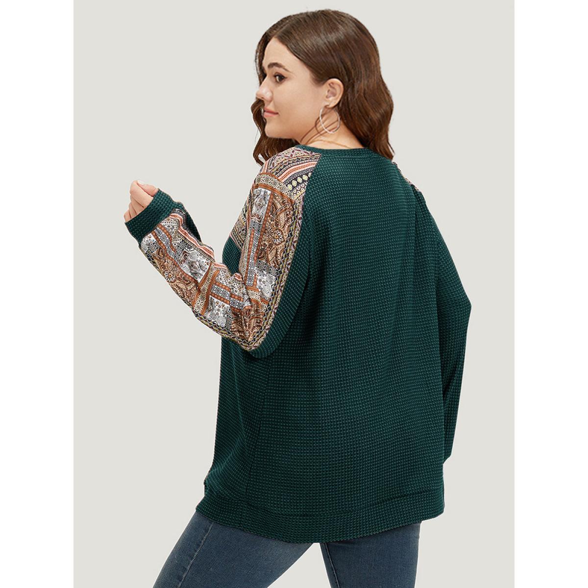 Plus Size Boho Print Patchwork Waffle Knit Crew Neck Sweatshirt Women Burgundy Casual Elastic cuffs Round Neck Dailywear Sweatshirts BloomChic 14-16/1X Product Image