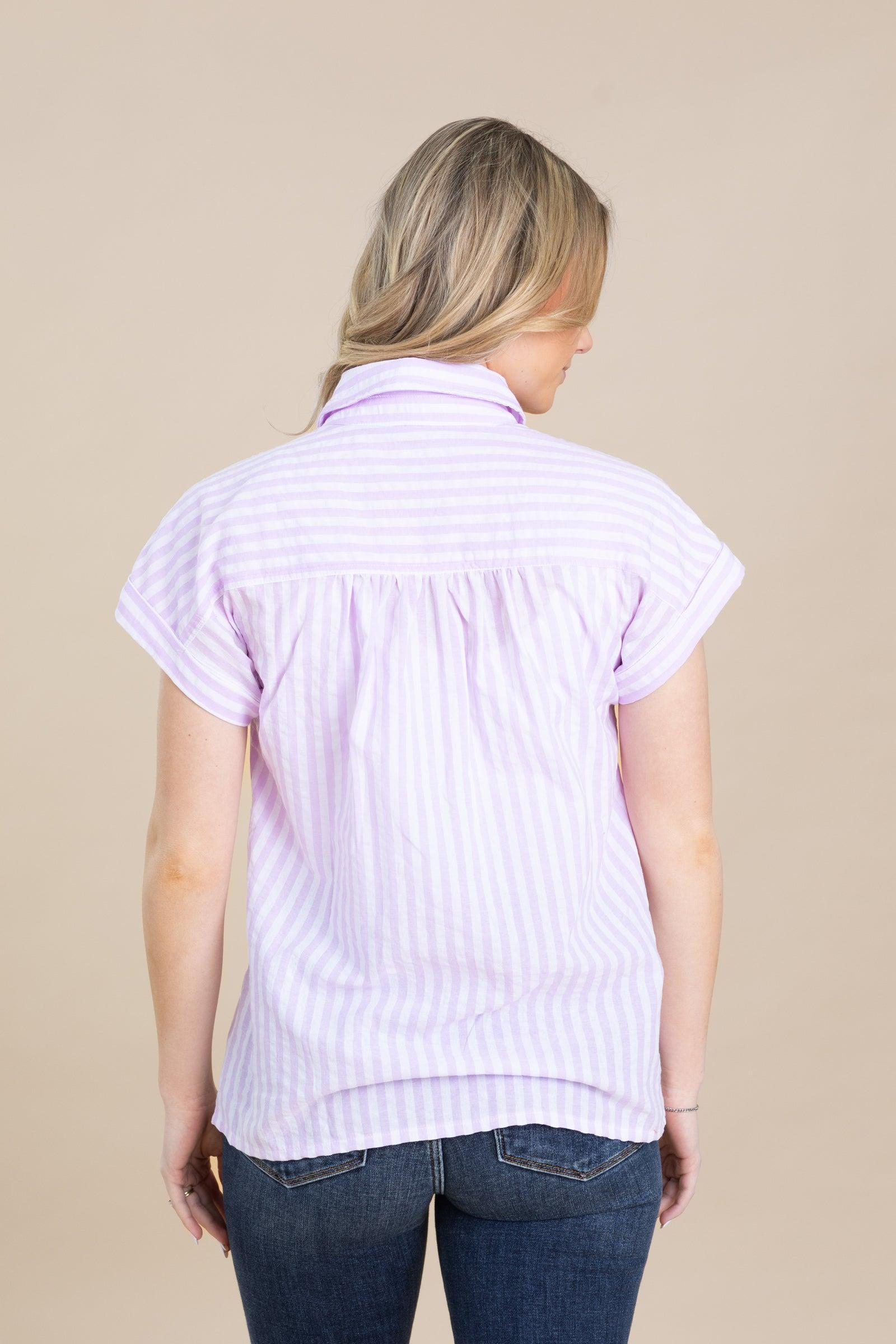 Lavender Seersucker Striped Woven Button Top Product Image