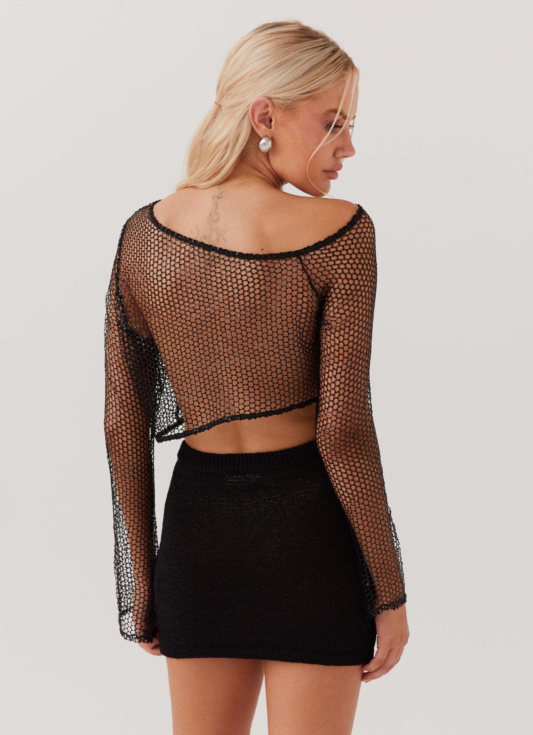Zali Sequin One Shoulder Net Top - Black Product Image