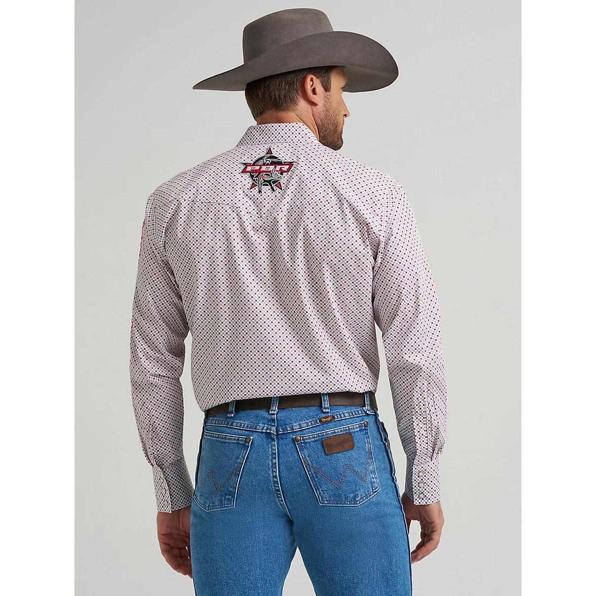 Men's Wrangler® PBR® Logo Long Sleeve Print Western Snap Shirt in Red Diamond Product Image