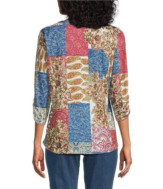 Allison Daley Petite Botanical Patchwork Print 3/4 Sleeve Henley Neck Knit Top Product Image