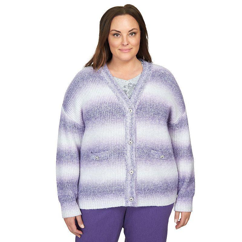 Alfred Dunner Plus Size Point of View Ombre Cardigan with Flower Buttons Sweater Product Image