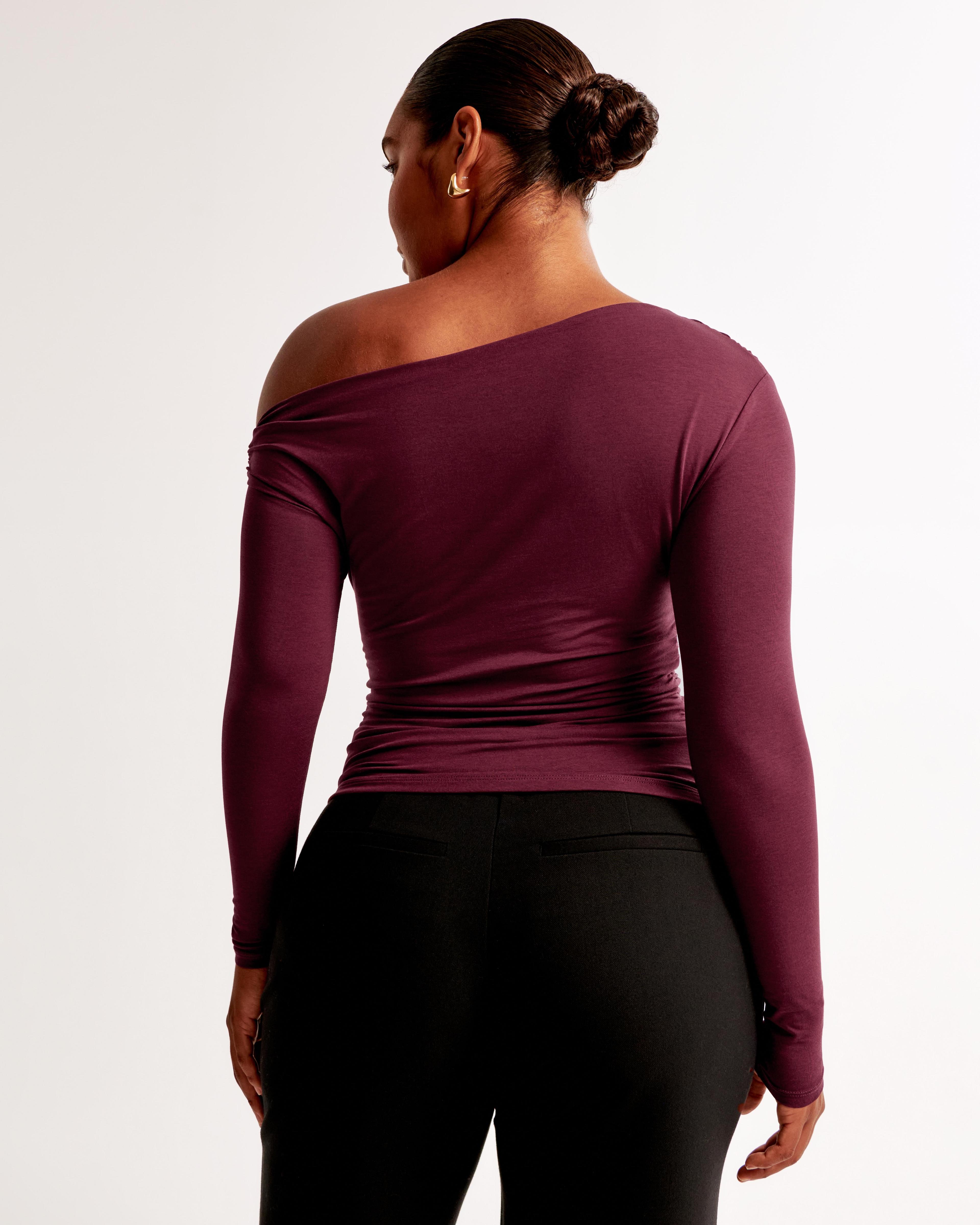 Long-Sleeve Velvet Asymmetrical Draped Top Product Image