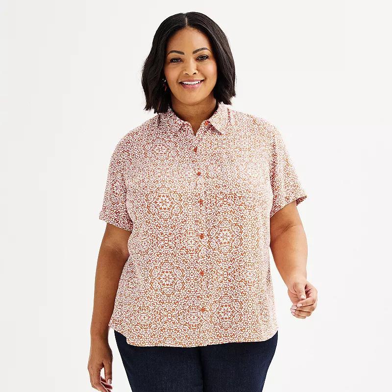 Plus Size Croft & Barrow® Camp Shirt, Women's, Size: 0X, Orange Painted Blooms Product Image