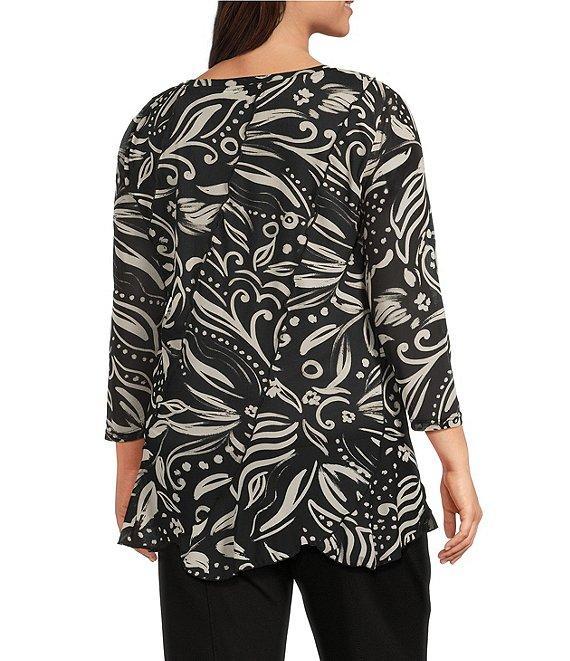 Slim Factor by Investments Plus Size Paisley Print Crew Neck Long Sleeve Ruffled Hem Lined Top Product Image