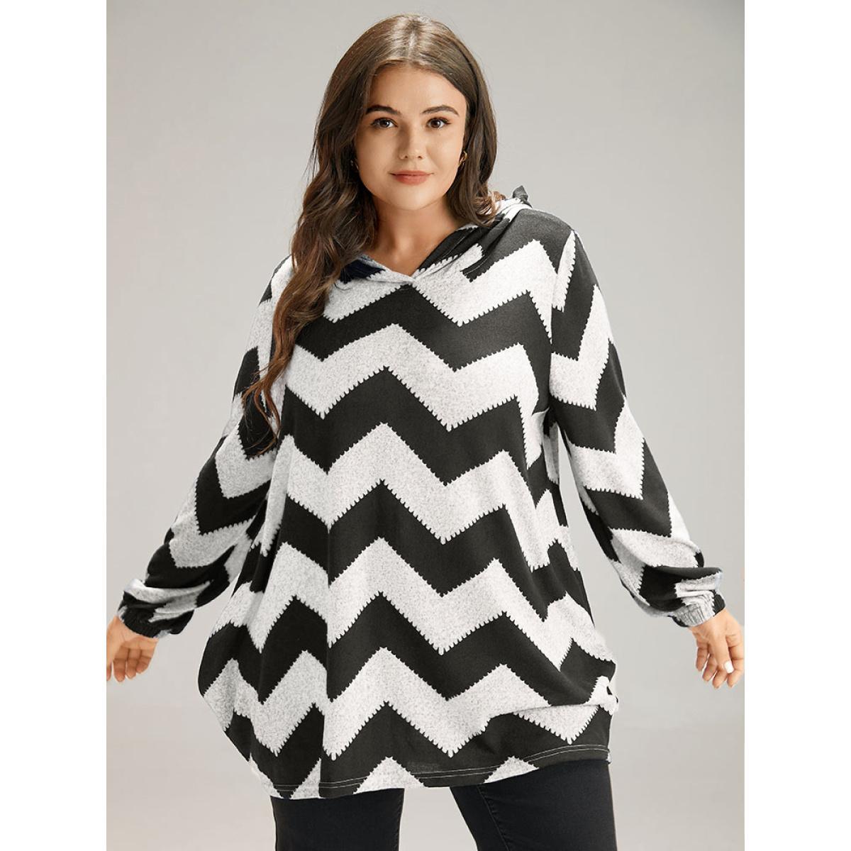 Plus Size Geo Striped Hooded Elastic Cuffs T-shirt Black Women Casual Elastic cuffs Geometric Hooded Dailywear T-shirts BloomChic 14-16/1X Product Image