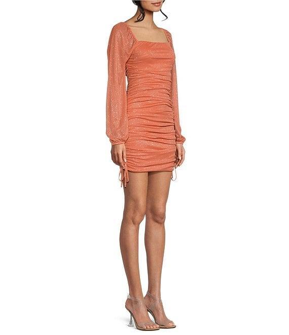 Jump Glitter Square Neck Ruched Long Sleeves With Ties At Hemline Dress Product Image