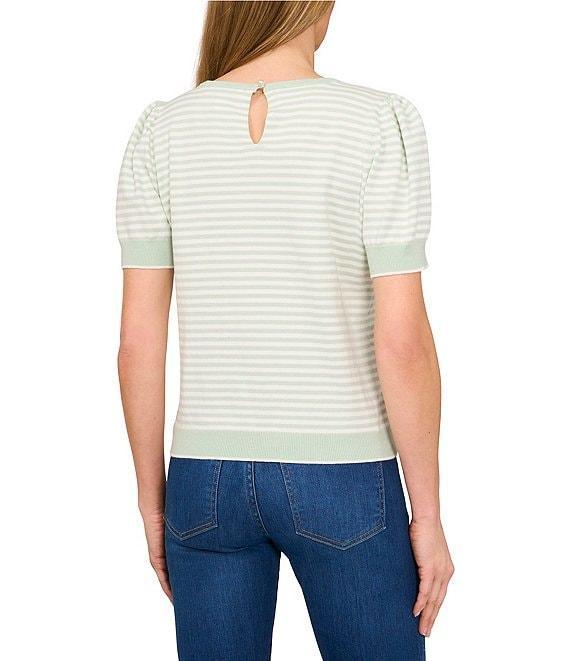 CeCe Knit Striped Crew Neck Short Puff Sleeve Sweater Product Image