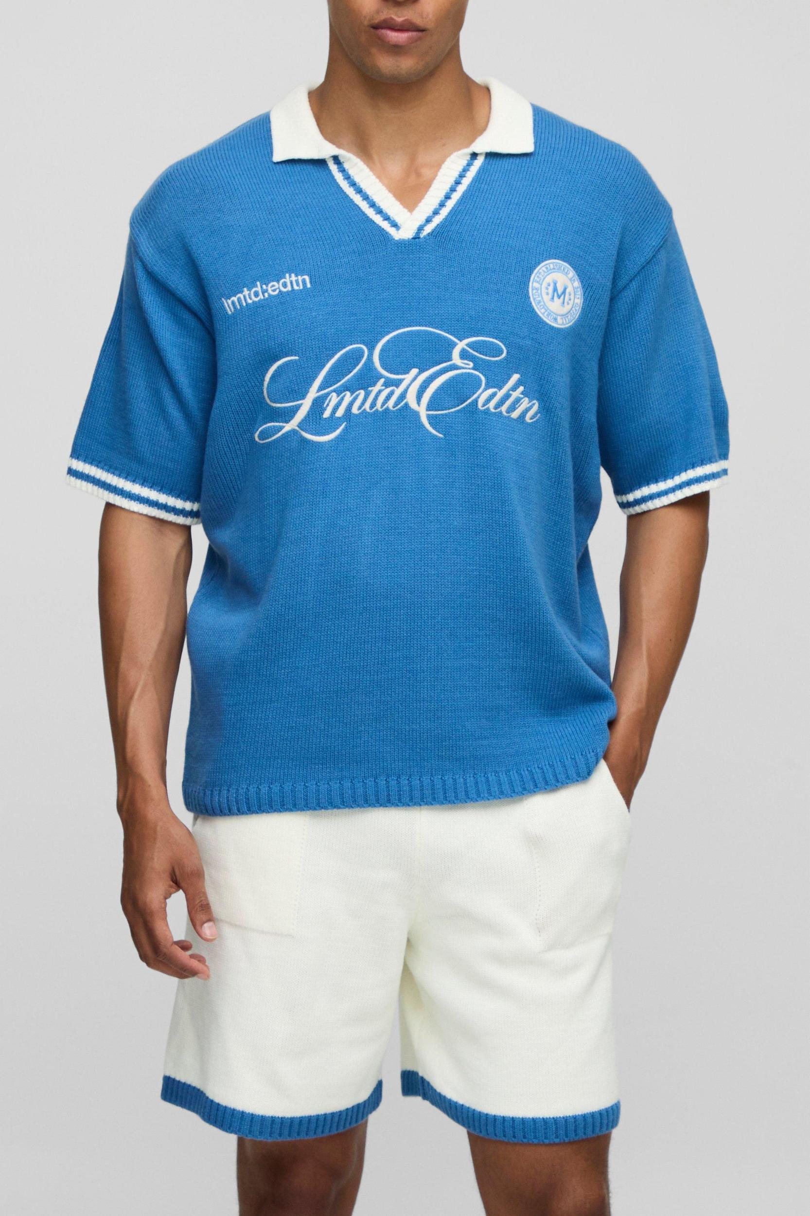Oversized V Neck Limited Edition Short Sleeve Knitted Polo & Short Set | boohooMAN USA Product Image