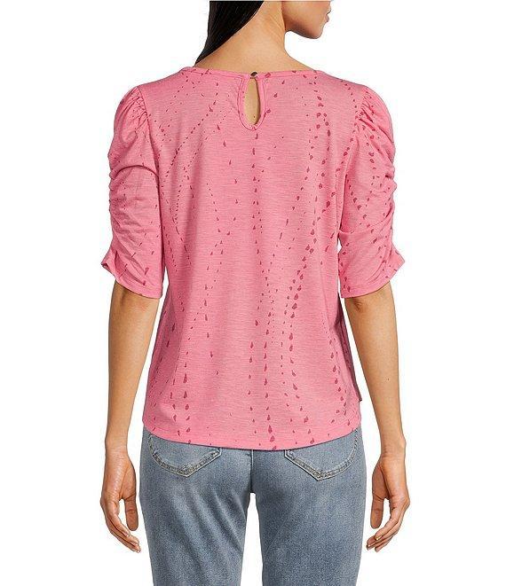 Democracy Petite Size Printed Crew Neck Ruched Puff Elbow Sleeve Knit Top Product Image