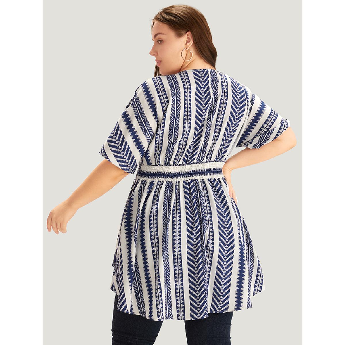 Plus Size Navy Bandana Print High Low Hem Patchwork Blouse Women Elegant Short sleeve Deep V-neck Vacation Blouses BloomChic 10/M Product Image