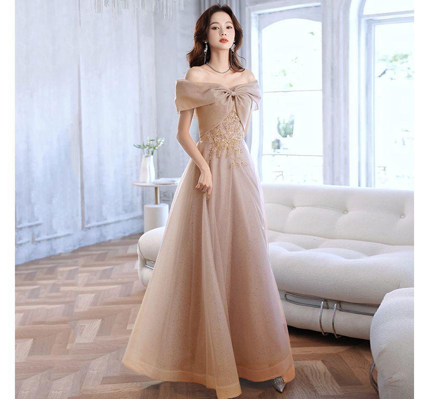 Short-Sleeve Off Shoulder Sequin Beaded Mesh A-Line Evening Gown / Midi Cocktail Dress Product Image