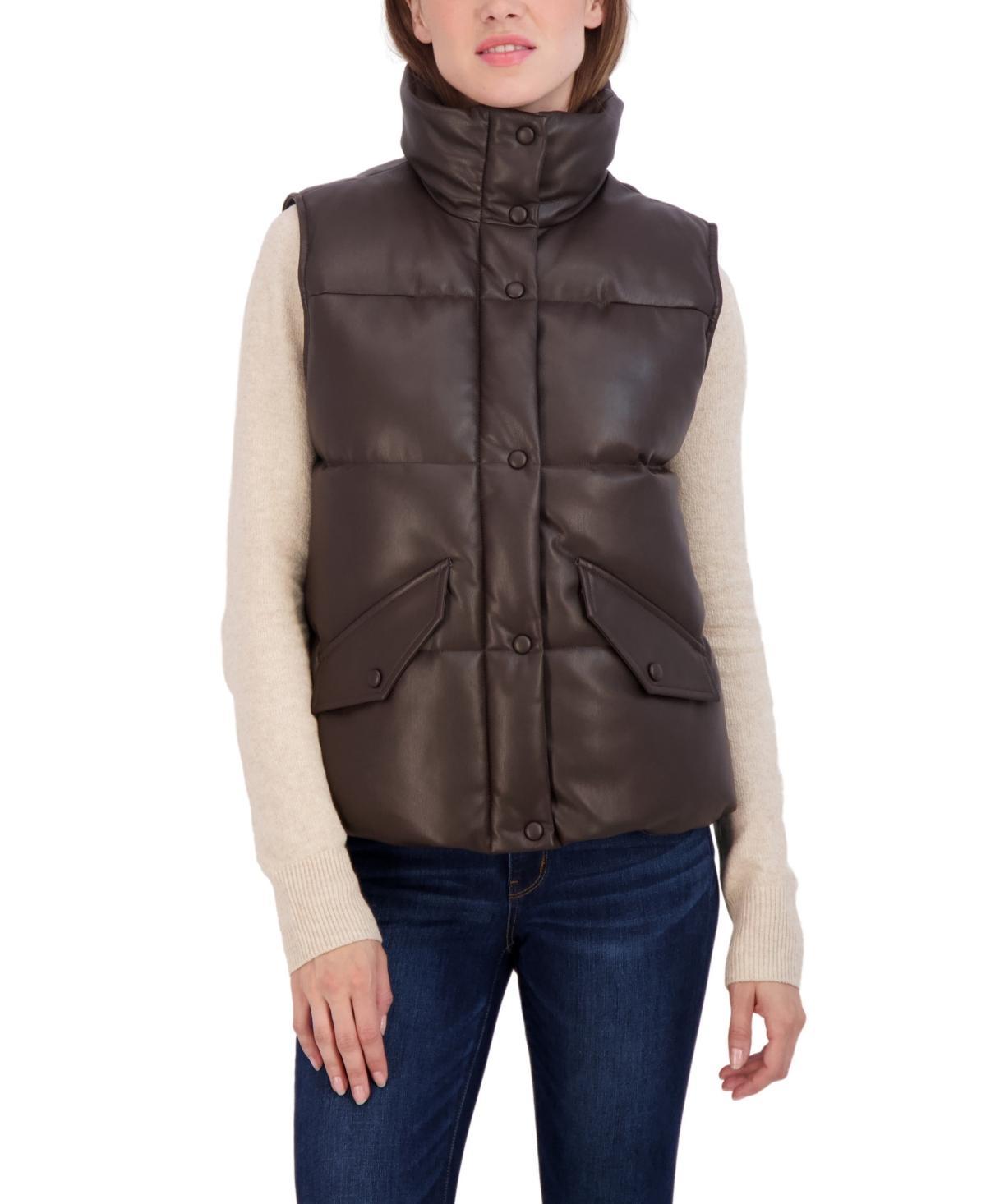 Women's Sebby Collection Faux-Leather Puffer Vest, Size: XL, Brown Product Image