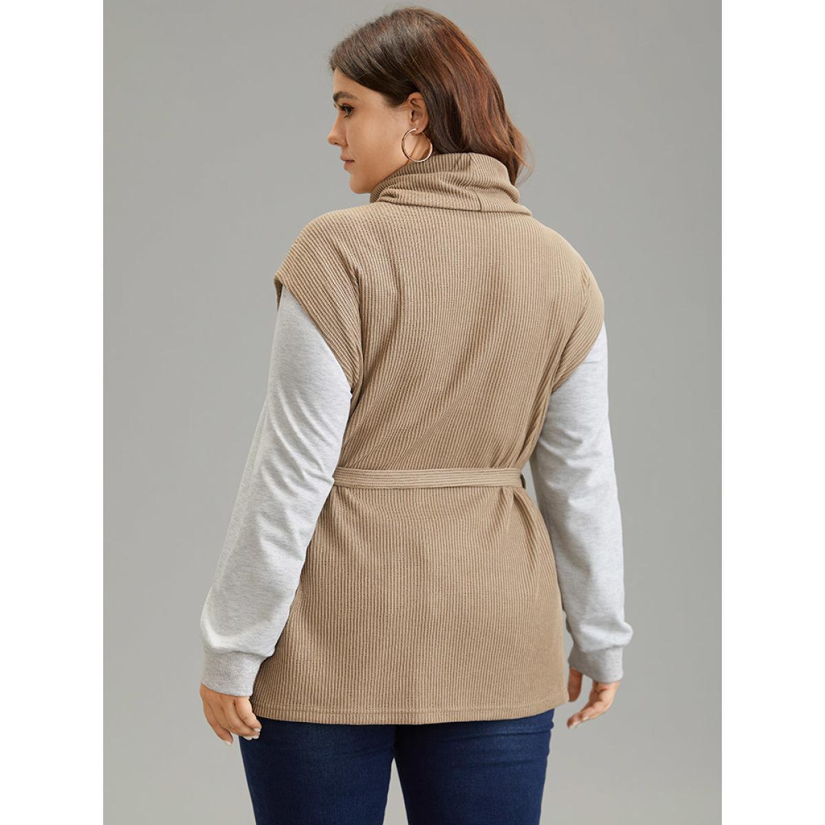 Plus Size 2-In-1 Turtleneck Texture Patchwork Belted Sweatshirt Women LightBrown Casual Texture Turtleneck Dailywear Sweatshirts BloomChic 28/5X Product Image