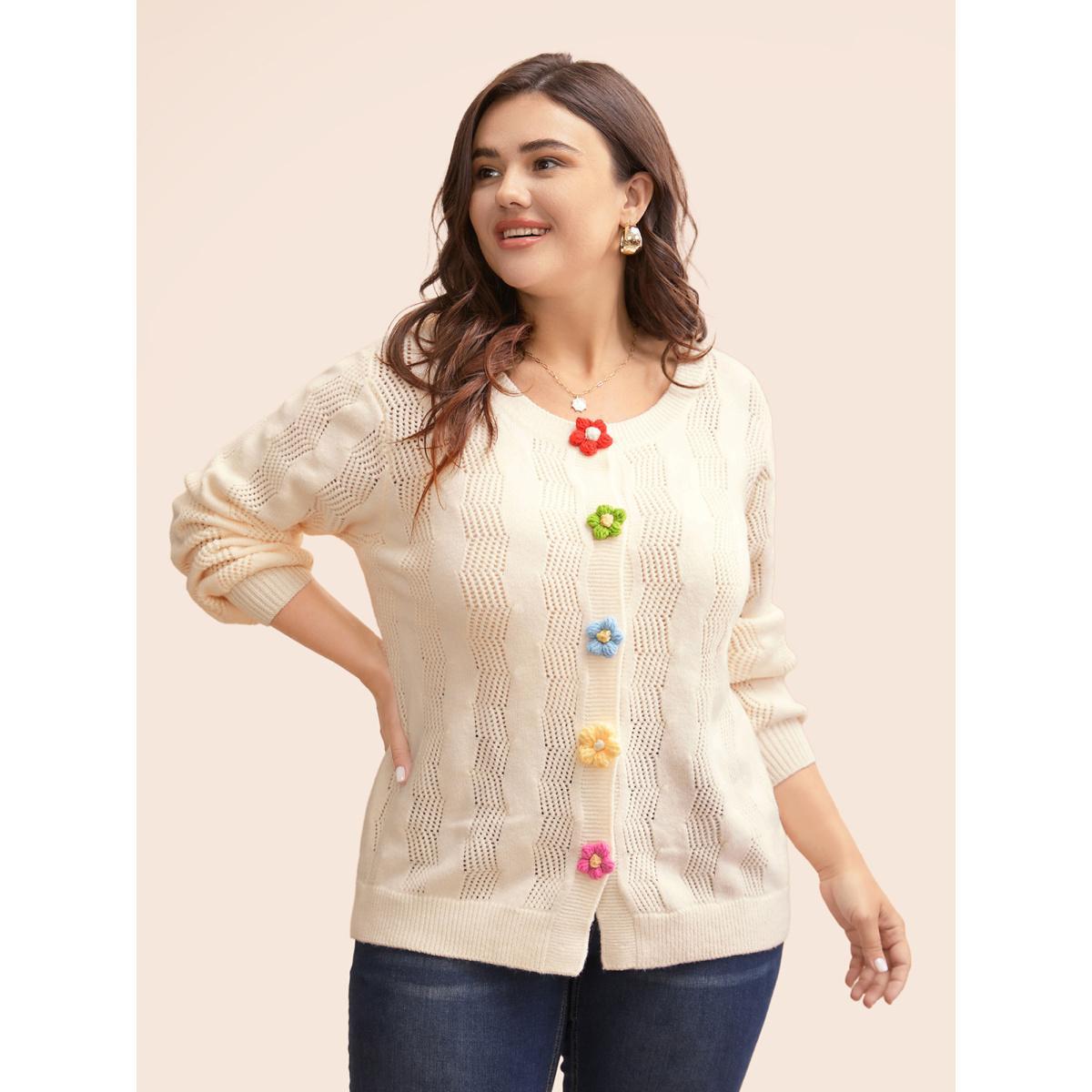 Plus Size Supersoft Essentials Stereo Flower Design Textured Cardigan Beige Women Casual Loose Long Sleeve Everyday Cardigans BloomChic 12/L Product Image
