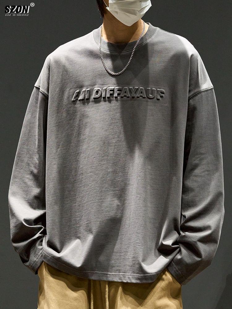 Long-Sleeve Crew Neck Lettering Embossed T-Shirt Product Image